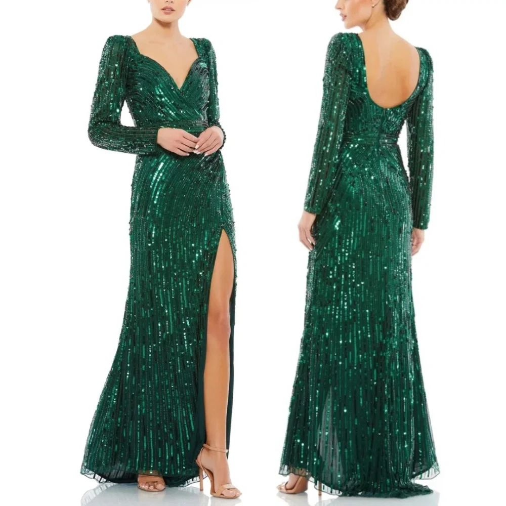 NWT Mac Duggal 5379 [14] Emerald Green Sequined Wrap Maxi Evening Gown Wicked - Picture 2 of 11